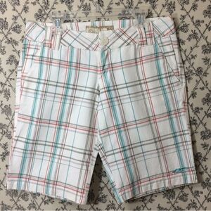 O’Neill Plaid Cotton Shorts Mid Rise Flap Back Pockets White Teal Red Gray Sz 0